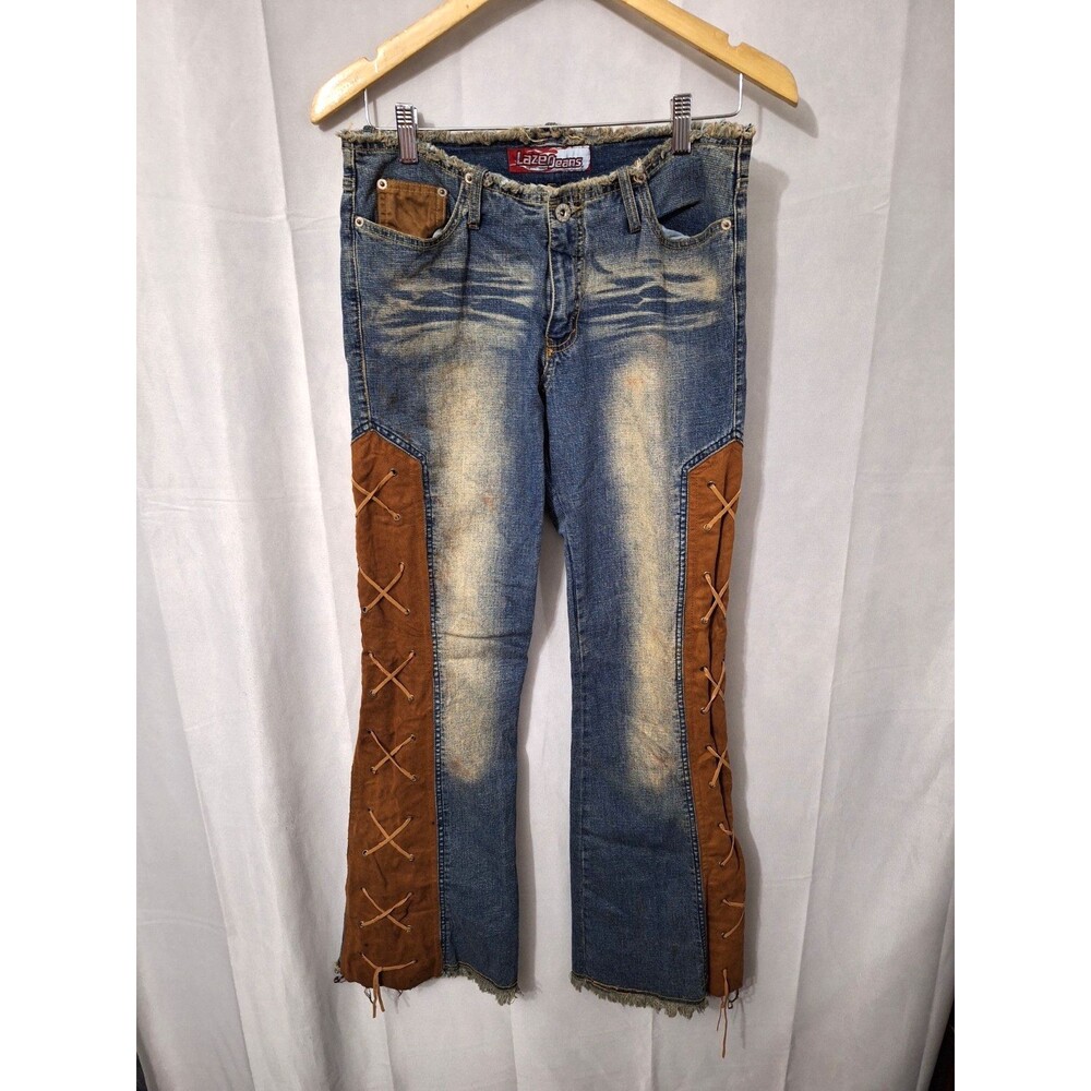 RARE Y2K Lazer Jeans Sz 7 Low Rise Denim Flare Jeans Lace Up Velvet Vintage Boho